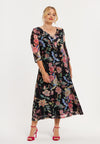 Robe avec volants oriental flower - Noir