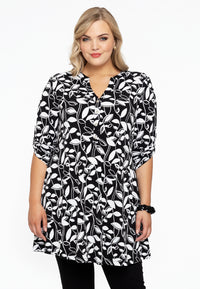 Tunic grandad collar LEAVES - black - #1