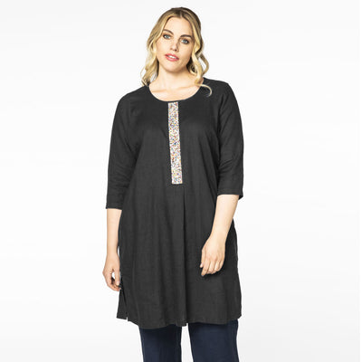 Dress beaded placket LINEN - black  - #1