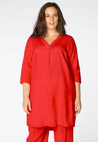 Tunic beaded v-neck LINEN - red - #1