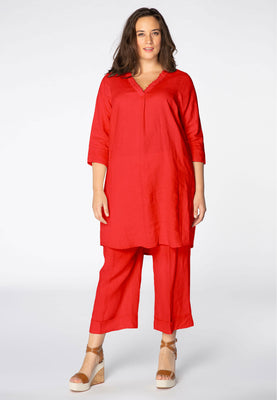 Tunic beaded v-neck LINEN - red  - #2