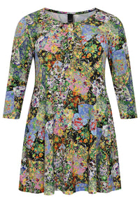 Tunic wide bottom frill FLOWERY - black - #4