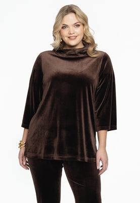 Shirt A-line standing collar VELVET - brown - #1