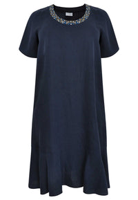 Dress beaded neck LINEN - blue - #4
